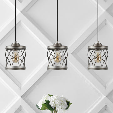Marelle 6.5" Farmhouse Industrial Iron Filigree Caged Jar LED Pendant - JONATHAN Y